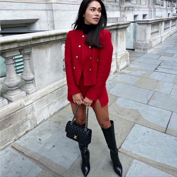 ZARA Double Breasted Blazer Lady Jacket Red Textured Tweed Boucle Size Medium - Picture 9 of 16